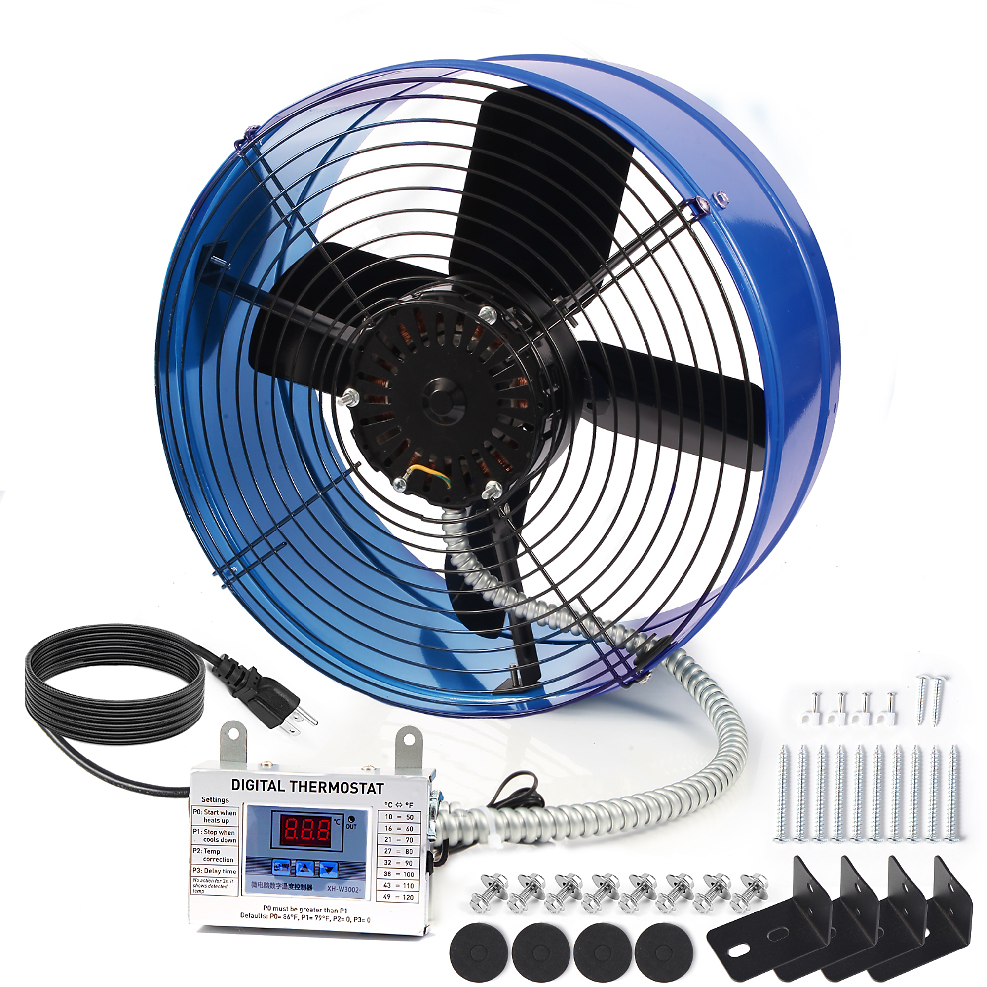 EdenDirect 15 in. 1300 CFM Drum Fan in Blue, Thermostat-Controlled, for Attic, Greenhouse, Garage, with Mounting Kit